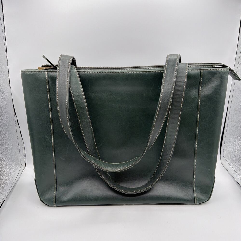 Levenger Forest Green Leather Shoulder Tote Computer Bag Purse